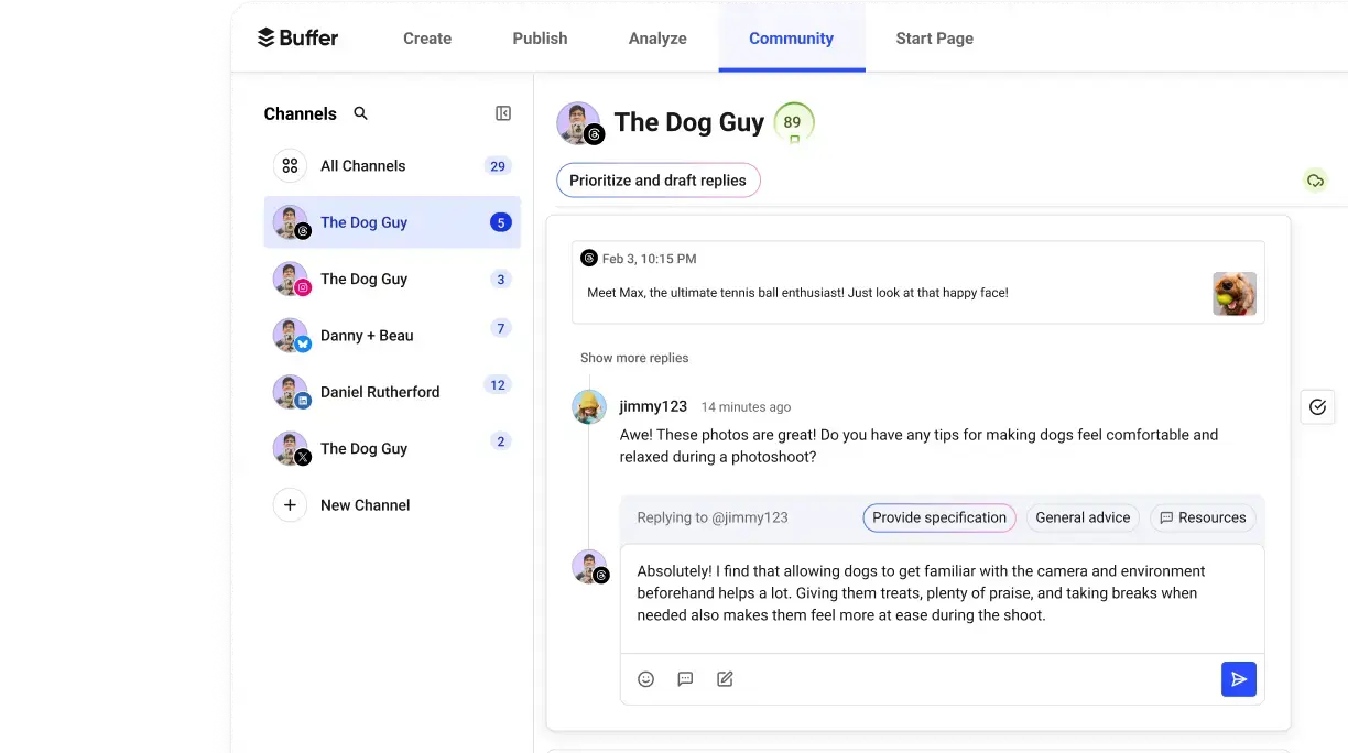 Buffer Community space with filterable and sortable comments across multiple social media accounts.