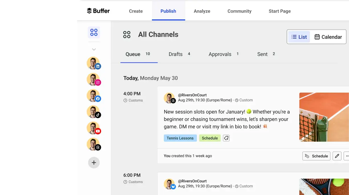 Buffer Publish space with a queue for multiple social media accounts, a calendar view, and scheduling options.